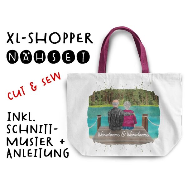 Nähset XL Shopper-Bag Oma & Opa am See, Wunschnamen + Wunschfrisuren inkl. Schnittmuster