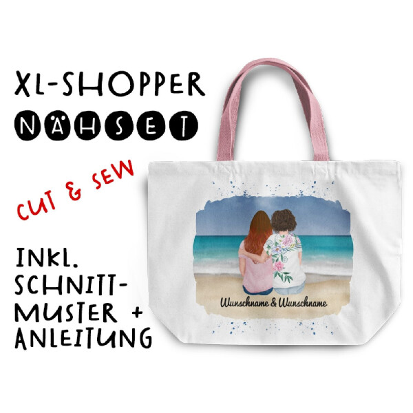 Nähset XL Shopper-Bag Frauen Paar am Meer, Wunschnamen + Wunschfrisuren, inkl. Schnittmuster