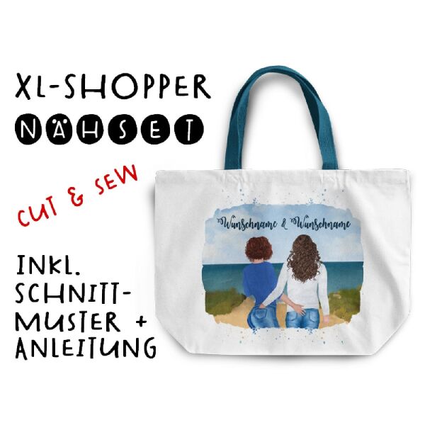 Nähset XL Shopper-Bag Frauen Paar am See, Wunschnamen + Wunschfrisuren, inkl. Schnittmuster