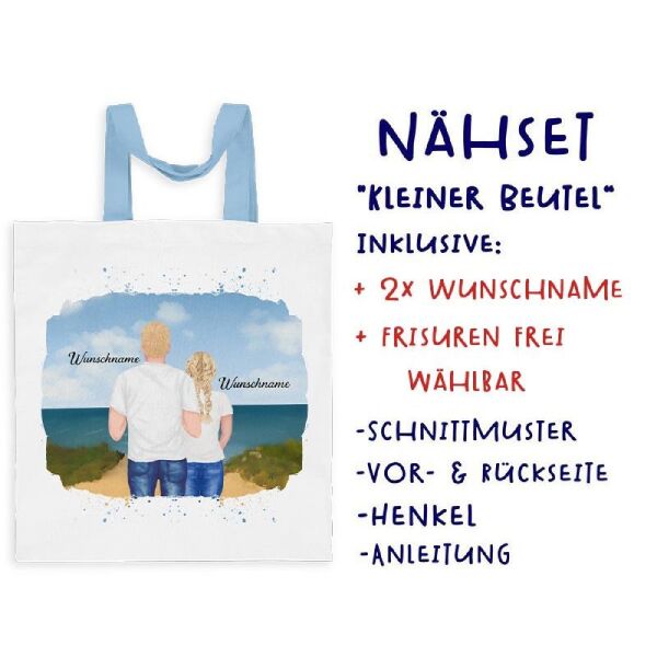 Nähset Tasche Vater & Tochter (Teenager) am Strand, Wunschnamen + Wunschfrisuren, Canvas