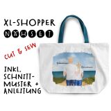 Nähset XL Shopper-Bag Vater & Tochter (Teenager) am Strand, Wunschnamen + Wunschfrisuren inkl. Schnittmuster