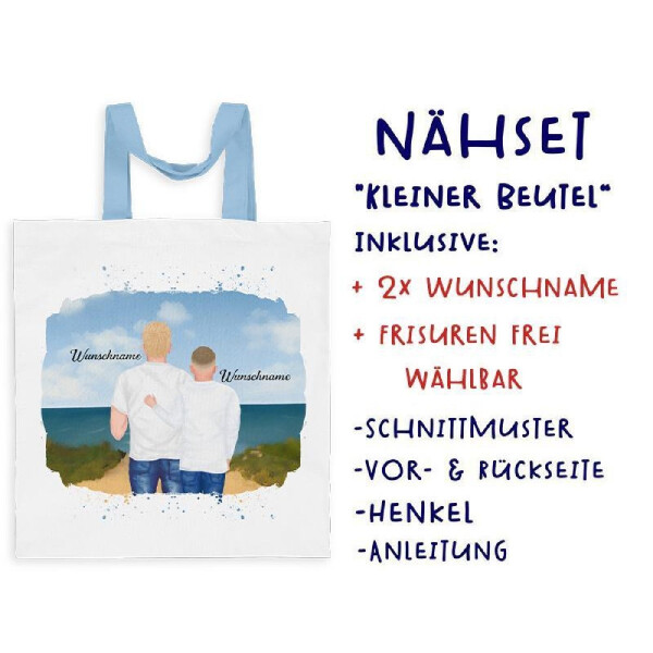 Nähset Alleskönner Tasche, Vater & Sohn (Tennager) am Strand , Wunschnamen + Wunschfrisuren, inkl. Schnittmuster