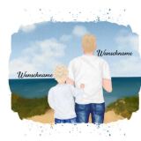 XL Panel Vater & Kind (Grundschulkind) am Strand , Wunschnamen + Wunschfrisuren, Bio-Jersey