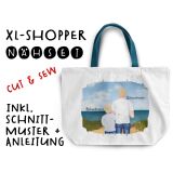 Nähset XL Shopper-Bag, Vater & Kind (Grundschulkind) am Strand , Wunschnamen + Wunschfrisuren
