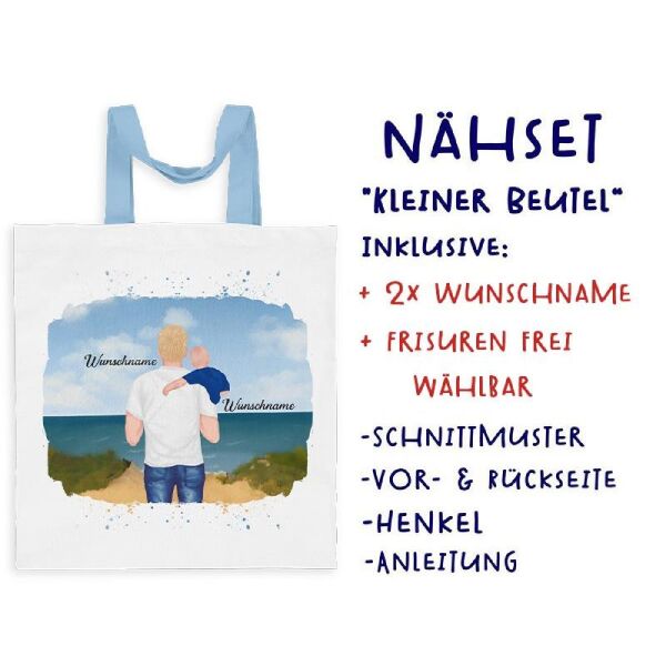 Nähset Tasche, Vater & Kind (Baby) am Strand , Wunschnamen + Wunschfrisuren, Canvas
