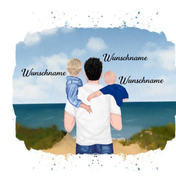 Hochw. Kissen-Panel, Vater & Kinder (Baby & Kleinkind) am Strand , Wunschnamen + Wunschfrisuren