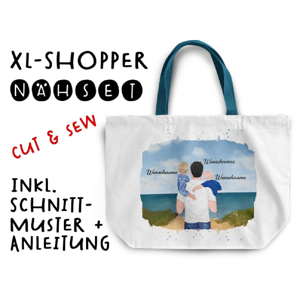 Nähset XL Shopper-Bag, Vater & Kinder (Baby & Kleinkind) am Strand , Wunschnamen + Wunschfrisuren, inkl. Schnittmuster