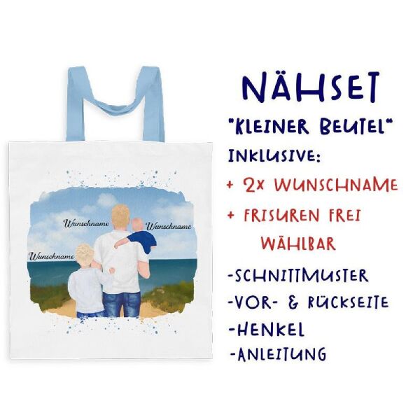 Nähset Tasche, Vater & Kinder (Baby & Grundschulkind) am Strand , Wunschnamen + Wunschfrisuren, Canvas