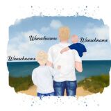 Hochw. Kissen-Panel, Vater & Kinder (Baby & Grundschulkind) am Strand , Wunschnamen + Wunschfrisuren