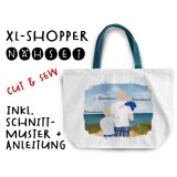 Nähset XL Shopper-Bag, Vater & Kinder (Baby & Grundschulkind) am Strand , Wunschnamen + Wunschfrisuren, inkl. Schnittmuster