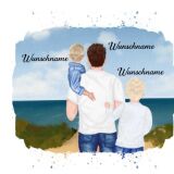 Hochw. Kissen-Panel, Vater & Kinder (Kleinkind & Grundschulkind) am Strand , Wunschnamen + Wunschfrisuren