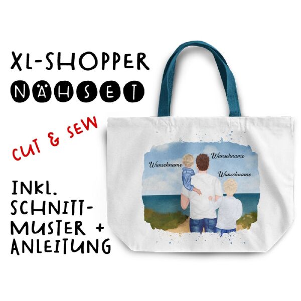 Nähset XL Shopper-Bag, Vater & Kinder (Kleinkind & Grundschulkind) am Strand , Wunschnamen + Wunschfrisuren, inkl. Schnittmuster