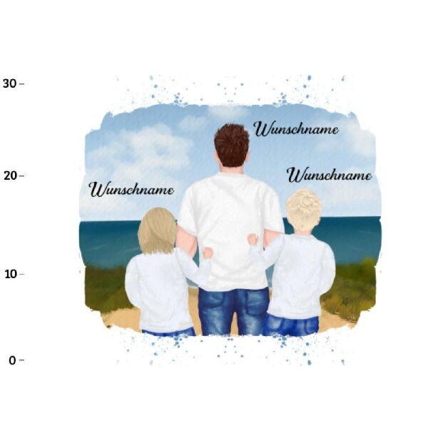 XL Panel Vater & Kinder (2x Grundschulkind) am Strand , Wunschnamen + Wunschfrisuren, Bio-Jersey