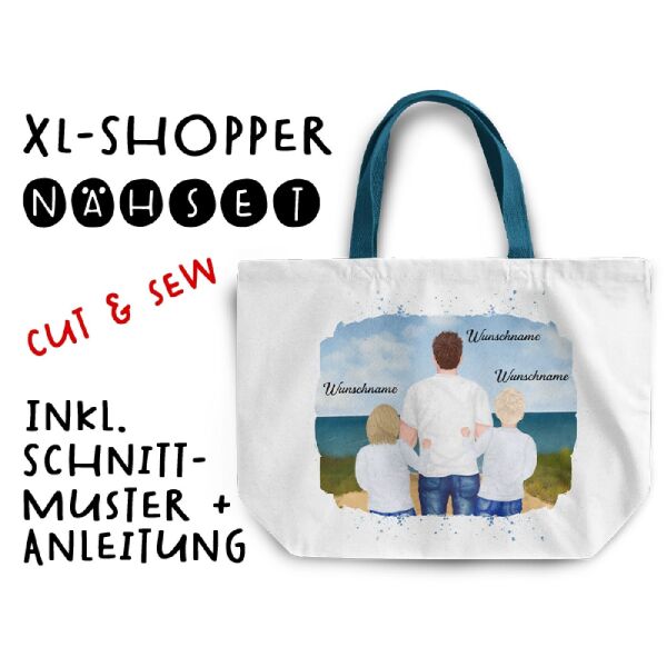 Nähset XL Shopper-Bag, Vater & Kinder (2x Grundschulkind) am Strand , Wunschnamen + Wunschfrisuren, inkl. Schnittmuster