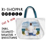 Nähset XL Shopper-Bag, Vater & Kinder (2x Grundschulkind) am Strand , Wunschnamen + Wunschfrisuren, inkl. Schnittmuster