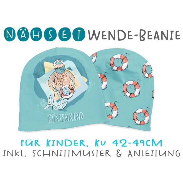 Nähset Wende-Beanie, KU 42-49cm, Küstenkind, meermann, Bio-Jersey