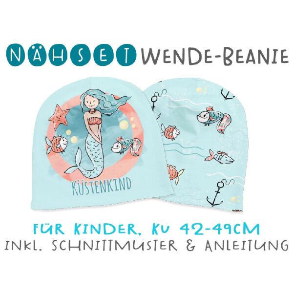 Nähset Wende-Beanie, KU 42-49cm, Küstenkind, meerjungfrau, Bio-Jersey