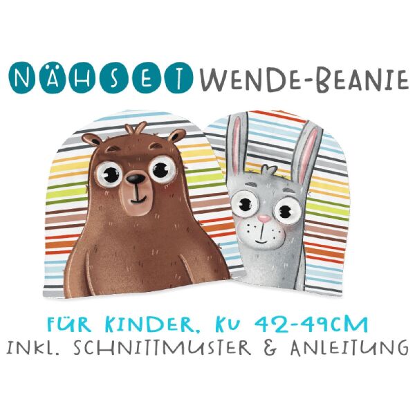 Nähset Wende-Beanie, KU 42-49cm, Bunny & Bear, Bio-Jersey