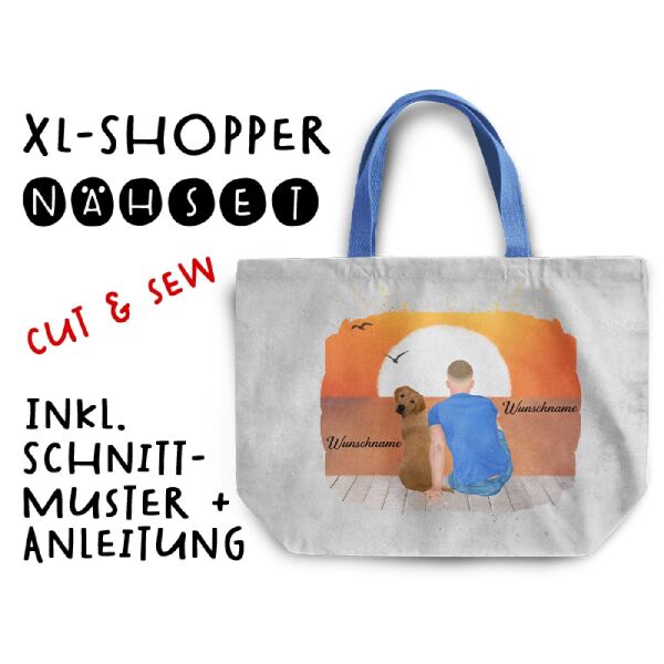 Nähset XL Shopper-Bag, Mann mit Hund, Wunschnamen, Wunschfrisuren + Hunderasse, inkl. Schnittmuster