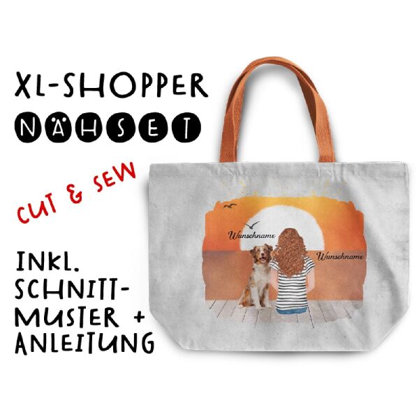 Nähset XL Shopper-Bag, Frau mit Hund, Wunschnamen, Wunschfrisuren + Hunderasse, inkl. Schnittmuster