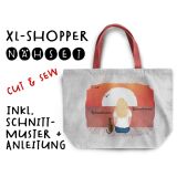 Nähset XL Shopper-Bag, Frau mit Katze, Wunschnamen, Wunschfrisuren + Katze zur Auswahl, Canvas