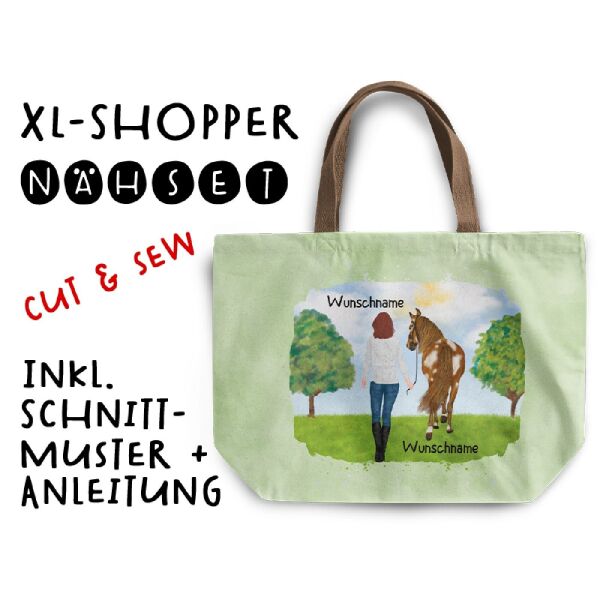 Nähset XL Shopper-Bag, Frau neben Pferd, Wunschnamen, Wunschfrisuren + Pferde zur Auswahl, inkl. Schnittmuster