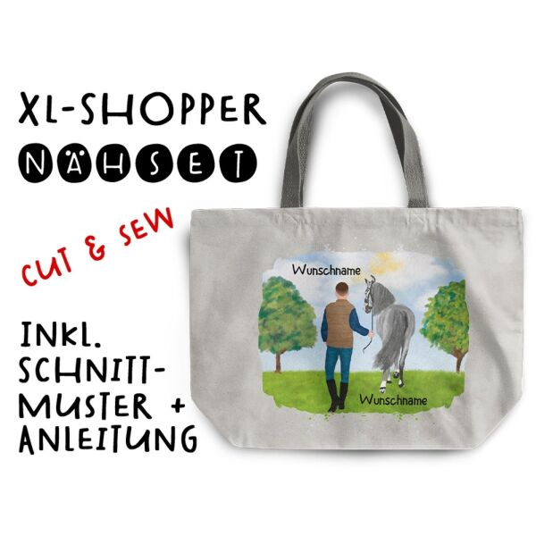 Nähset XL Shopper-Bag, Mann neben Pferd, Wunschnamen, Wunschfrisuren + Pferd zur Auswahl, inkl. Schnittmuster