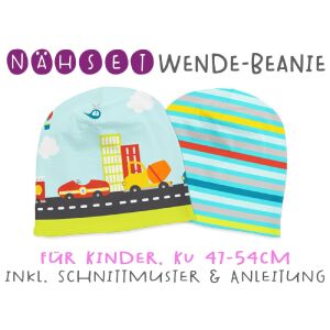 Nähset Wende-Beanie, KU 47-54cm, Fahrzeuge, Bio-Jersey