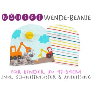 Nähset Wende-Beanie, KU 47-54cm, Fahrzeuge, baustelle,...