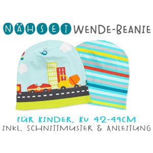Nähset Wende-Beanie, KU 42-49cm, Fahrzeuge, Bio-Jersey