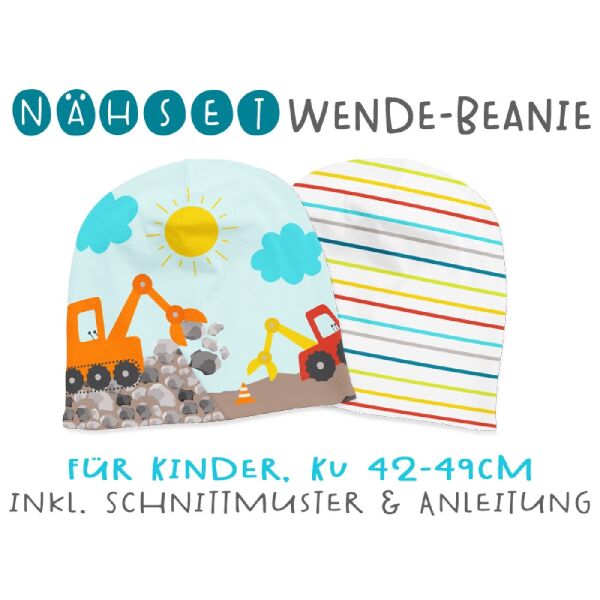 Nähset Wende-Beanie, KU 42-49cm, Fahrzeuge, baustelle, Bio-Jersey