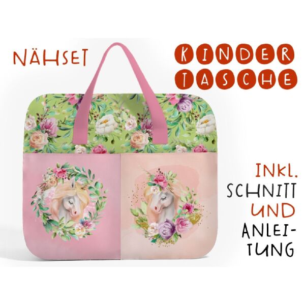 Nähset Hochw. Kindertasche unicorns & flowers, inkl. Schnittmuster + Anleitung, ägyptische Baumwolle