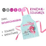 Nähset Kinder-Schürze mit WUNSCHNAME, Meerjungfrau & Schildkröten, inkl. Schnittmuster + Anleitung