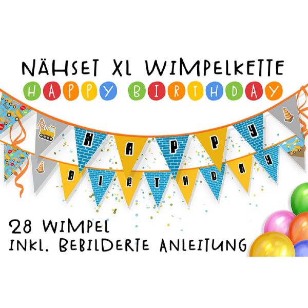 Nähset XL Wimpelkette Happy Birthday, 28 Wimpel, Bagger/Baustelle