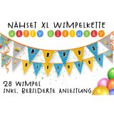 Nähset XL Wimpelkette Happy Birthday, 28 Wimpel, Bagger/Baustelle