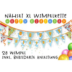 Nähset XL Wimpelkette Happy Birthday, 28 Wimpel, Feuerwehr