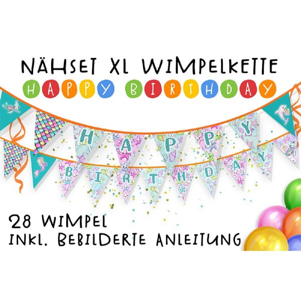 Nähset XL Wimpelkette Happy Birthday, 28 Wimpel, mermaid Party - Meerjungfrauen