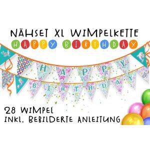 Nähset XL Wimpelkette Happy Birthday, 28 Wimpel, mermaid...