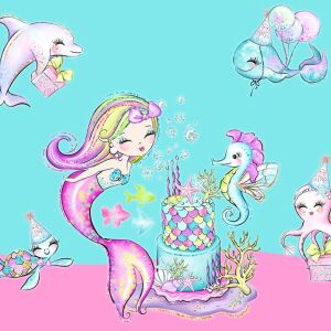 Bio-Jersey Panel, mermaid Party - Meerjungfrauen mit Tieren