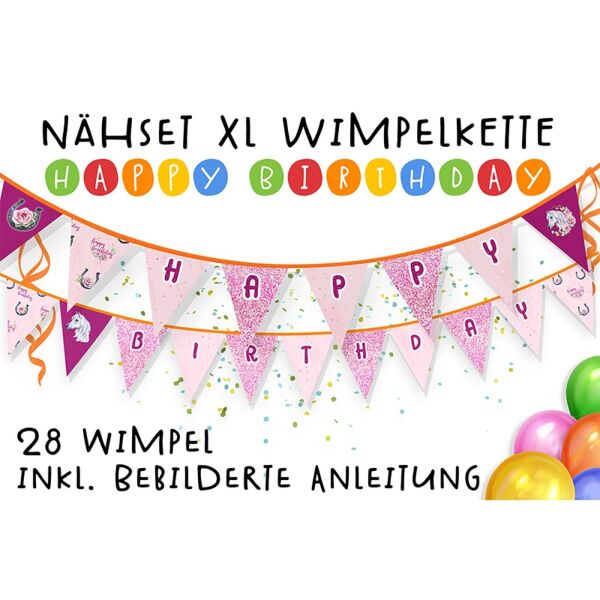 Nähset XL Wimpelkette Happy Birthday, 28 Wimpel, Pferde