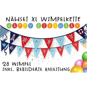 Nähset XL Wimpelkette Happy Birthday, 28 Wimpel, Ahoi