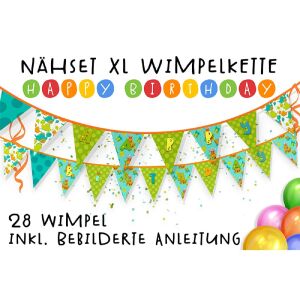 Nähset XL Wimpelkette Happy Birthday, 28 Wimpel, Dino