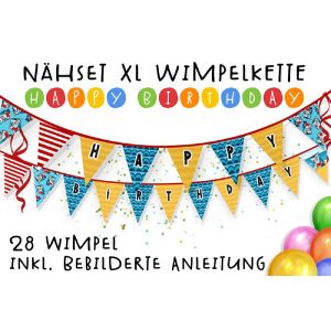 Nähset XL Wimpelkette Happy Birthday, 28 Wimpel, Hai