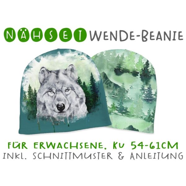 Nähset Erwachsenen Wende-Beanie, KU 54-61cm, Forest Portraits, Wolf, Bio-Jersey