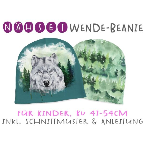 Nähset Wende-Beanie, KU 47-54cm, Forest Portraits, Wolf, Bio-Jersey