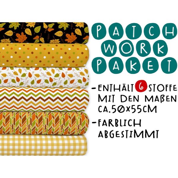 XL Patchworkpaket, 6 Designs, Herbstfarben, Stoffpaket Baumwolle, hochwertige Popeline
