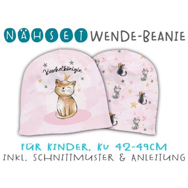Nähset Wende-Beanie, KU 42-49cm, Cuddle Cats, kuschelkönigin, Bio-Jersey