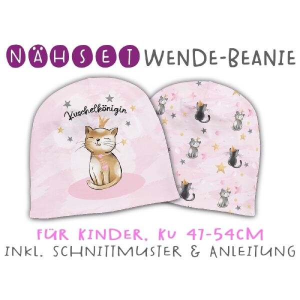 Nähset Wende-Beanie, KU 47-54cm, Cuddle Cats, kuschelkönigin, Bio-Jersey