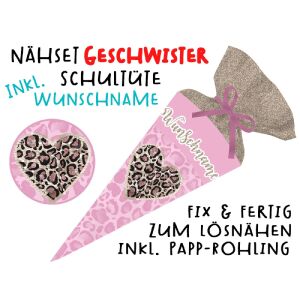Nähset Geschwister-Schultüte WUNSCHNAME Herz Leoparden...