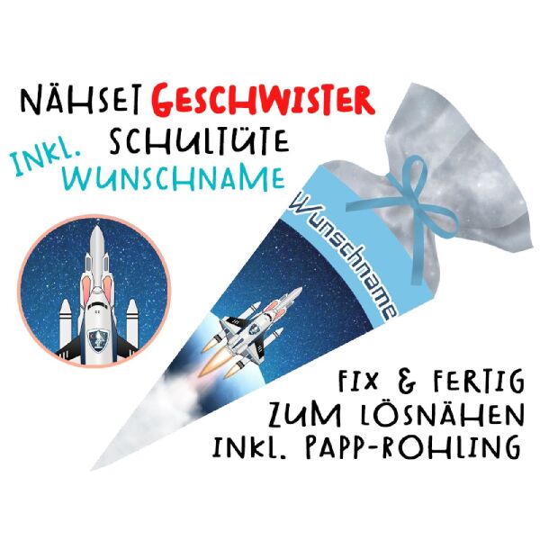 Nähset Geschwister-Schultüte WUNSCHNAME Raumschiff mit Rohling, mit Wunschname